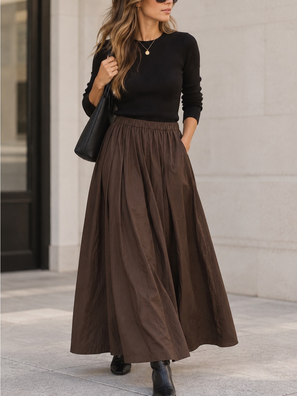 LOFT Brown Maxi Skirt Size Large Elastic Waist Minimalist Boho A-Line